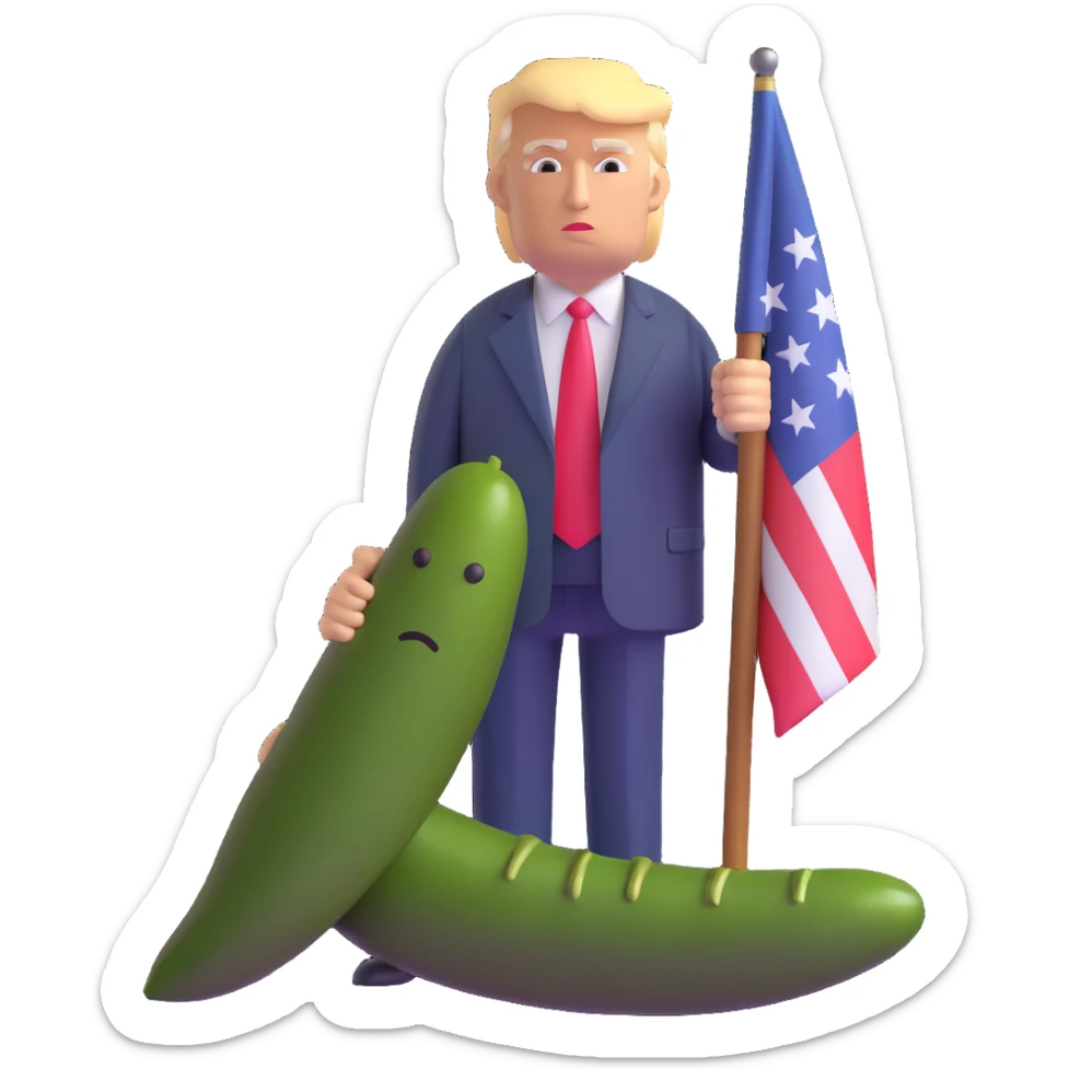 Donald Trump standing next to a confederate flag and a large pickle, 3D emoji style sticker