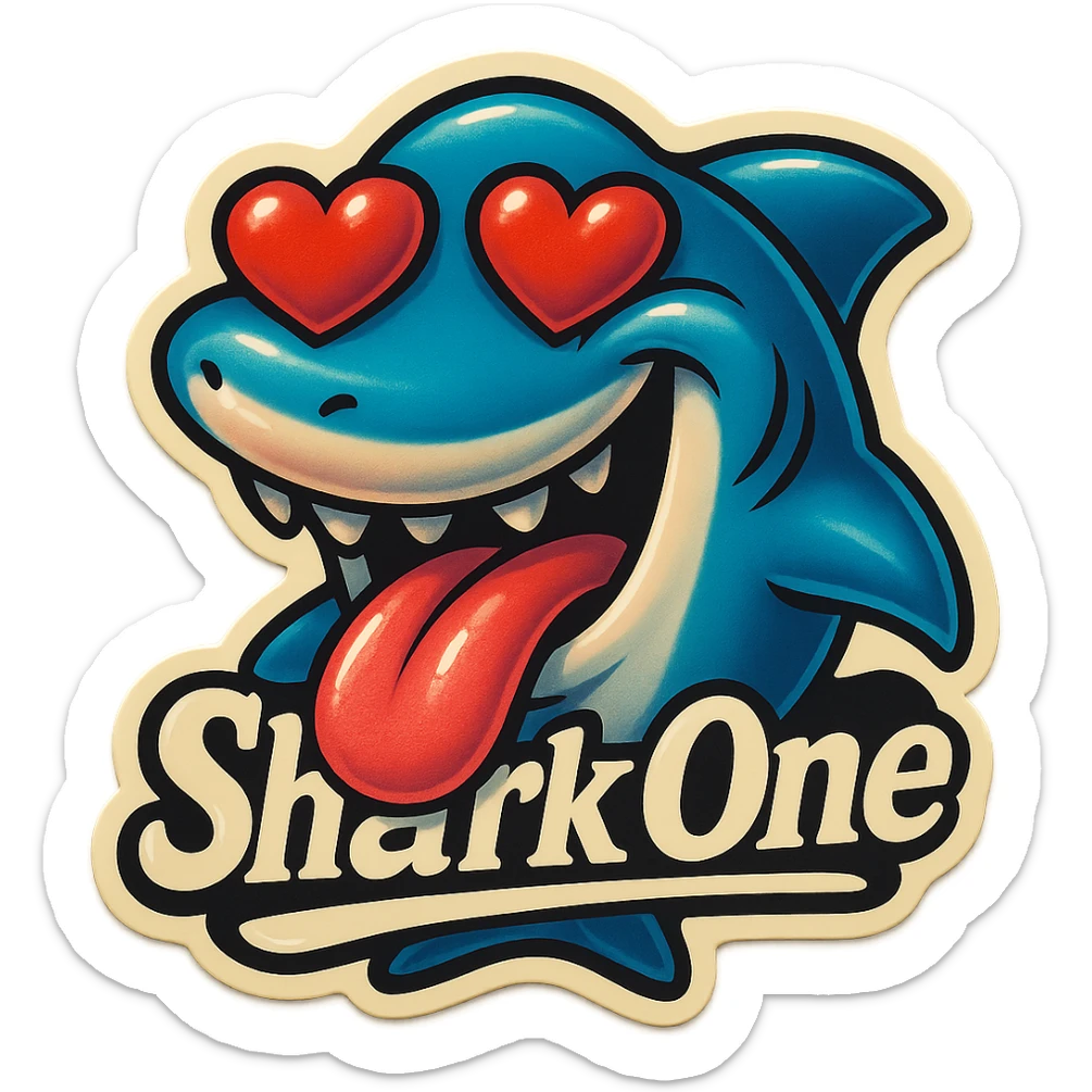 tongue out heart shaped eye add the words “ Shark One " in White sticker