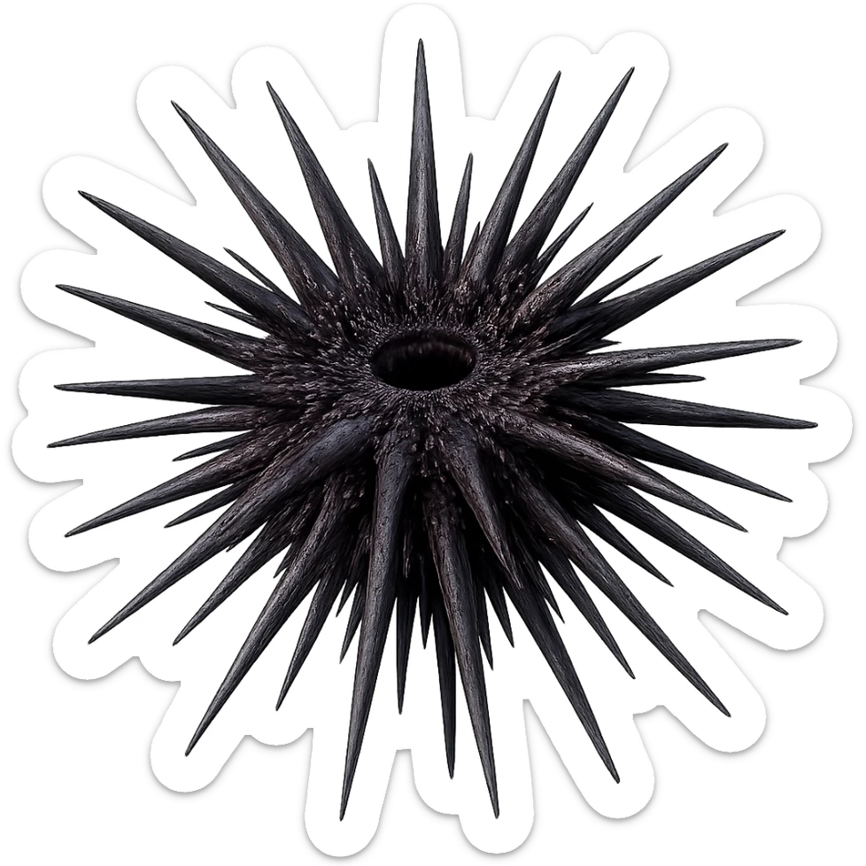 Add realistic purple and dark colors to the sea urchin, keep the dangerous spikes and realistic shape, with a transparent background. Maintain the natural and realistic appearance of the sea urchin's spikes and overall form. sticker