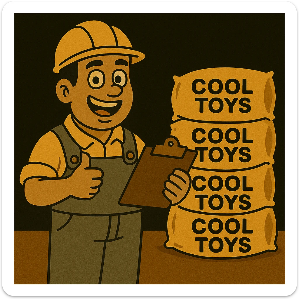Change the background to pure black while keeping the cartoon factory worker and golden bags labeled 'cool toys' in the scene. Maintain the cheerful, modern cartoon style with warm colors and clear details. sticker
