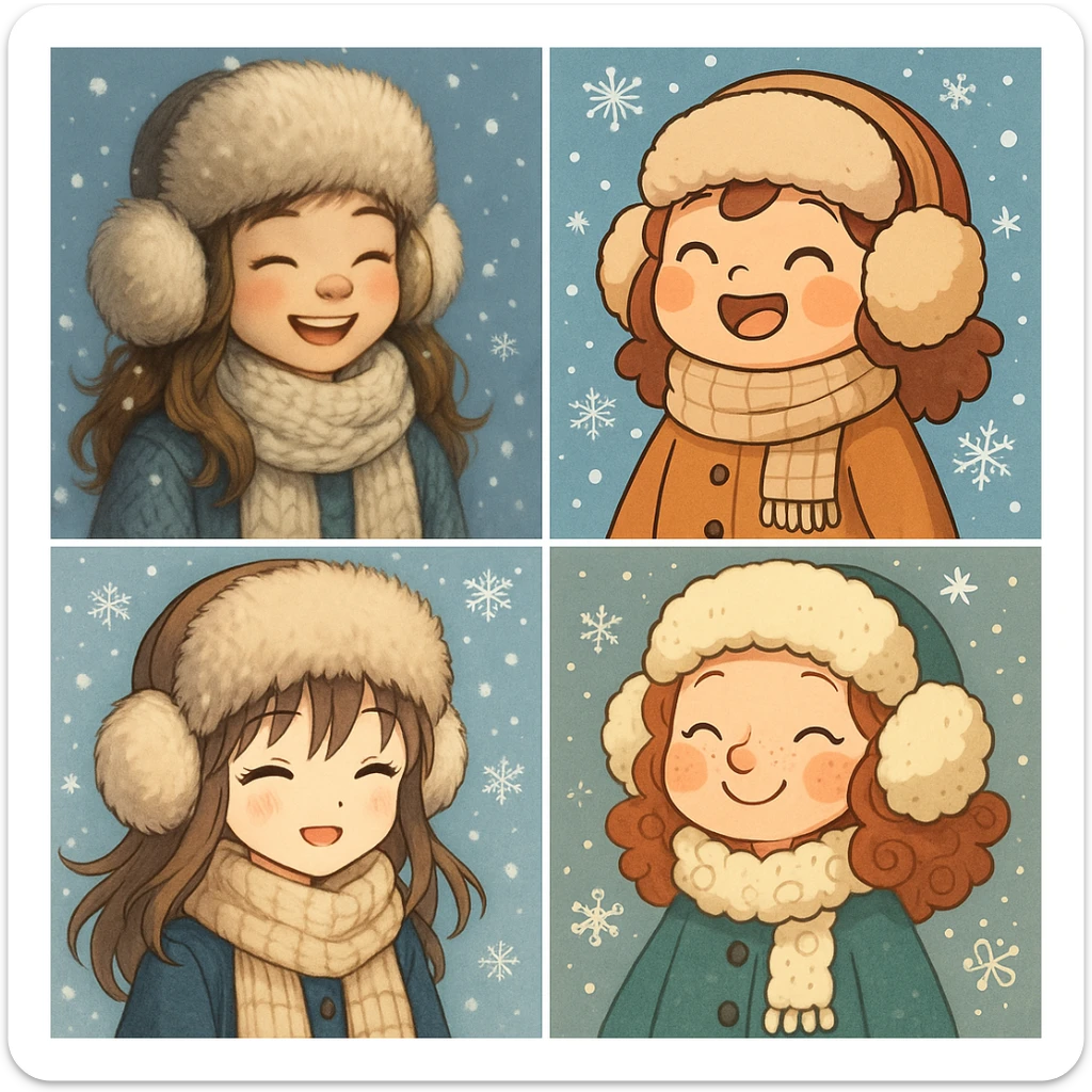 cute winter girl, wearing fur hat and earmuffs, snowflakes, diverse styles sticker