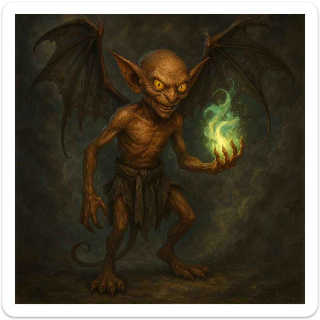 Add a smoky, magical background behind Igor the mephit, keeping the fantasy vibe. Maintain the fantasy style and atmosphere in the background to complement the character. sticker