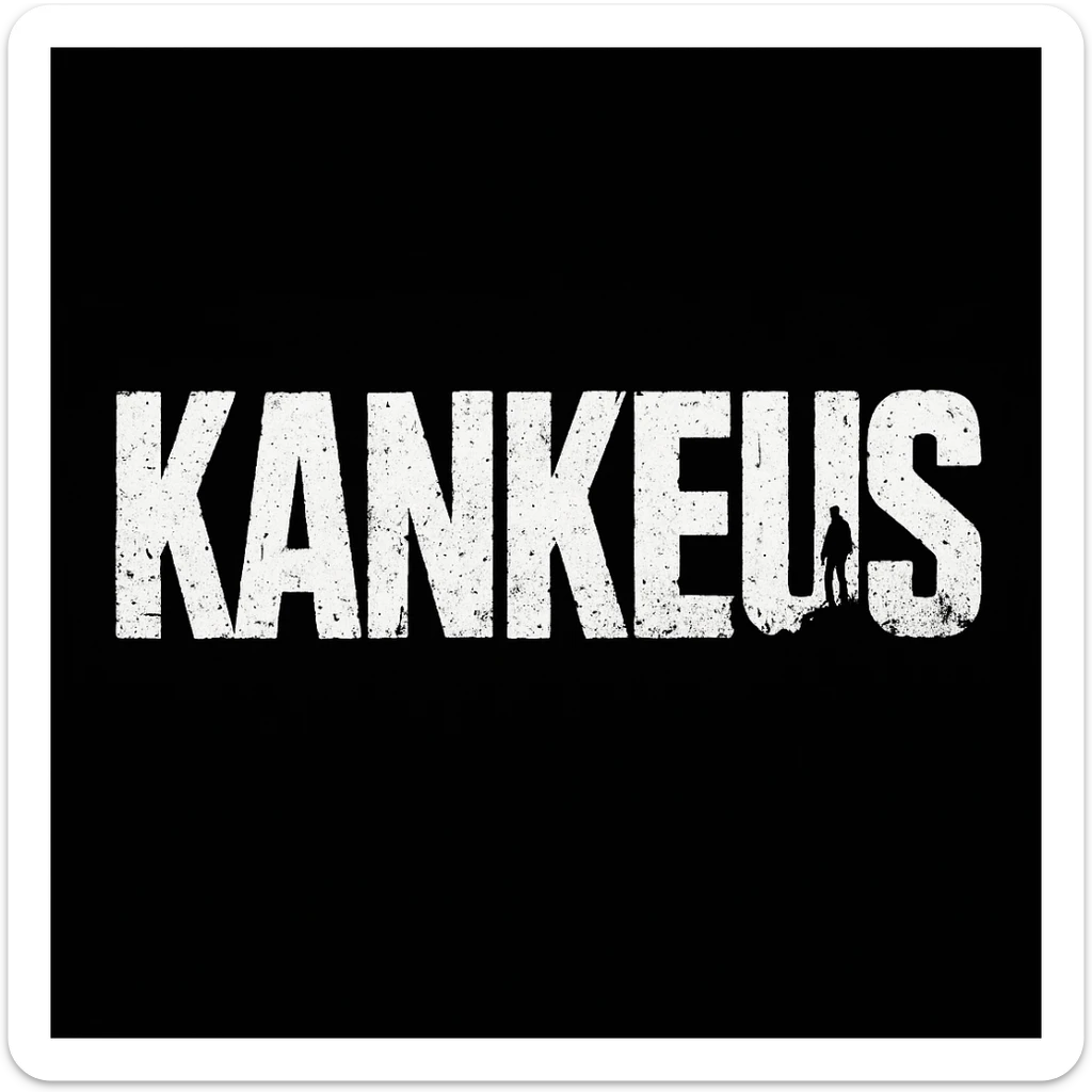 KankeuS logo in a style inspired by the DayZ video game font, bold, distressed, survival-themed, white text on black background, gritty and intense sticker
