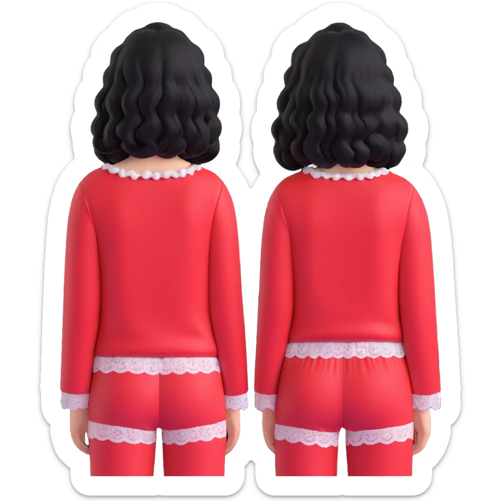 Girl from behind, wearing a red pajama with black and white lace, with curly black hair sticker