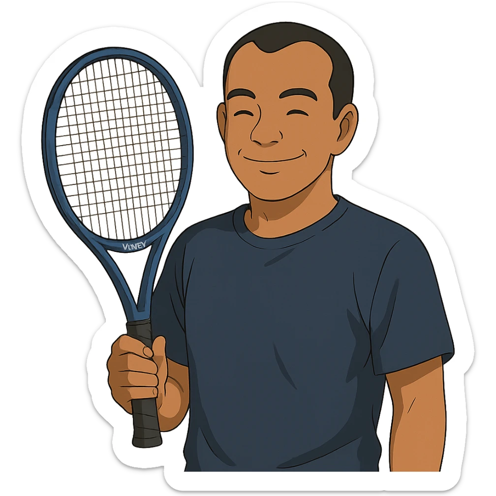 ghibli style light brown skinned tennis coach, short straight black hair with widow's peak, oval face, small eyes, smiling, holding blue Yonex racket, wearing navy blue dry fit shirt sticker