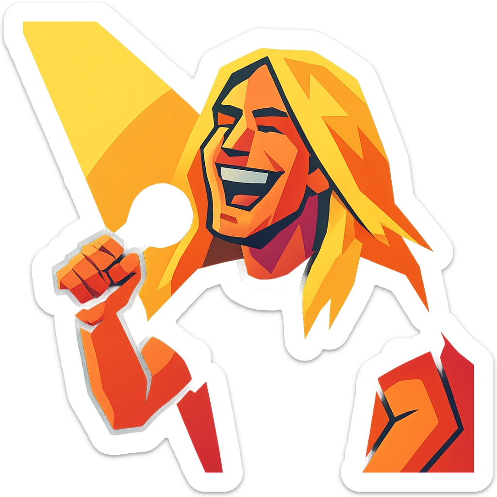 stylized portrait of Dave the singer, long blond hair, big smile, performing on stage with spotlight, colorful animated style sticker
