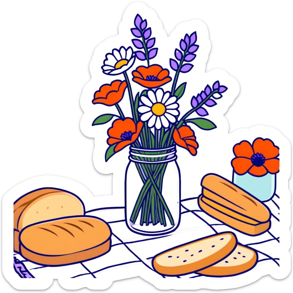 wildflower bouquet with daisies, poppies and lavender arranged in a mason jar on a picnic blanket with bread and fruit sticker