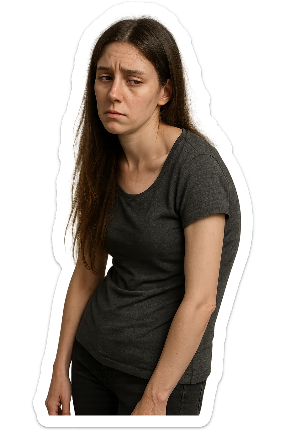 fai immagine identica ma di una donna con capelli lunghi, iperrealistico 4k, postura storta con spina dorsale storta sticker