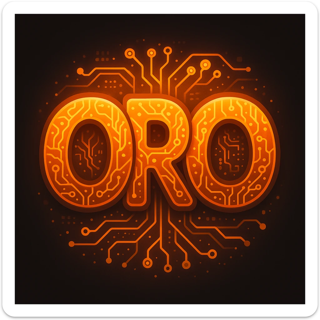 The word 'ORO' as a unique, tech-savvy emoji in an orange blend color, with neural links flowing all over it, featuring a futuristic touch and creative elements such as glowing circuits, digital patterns, and a sleek, high-tech vibe. sticker