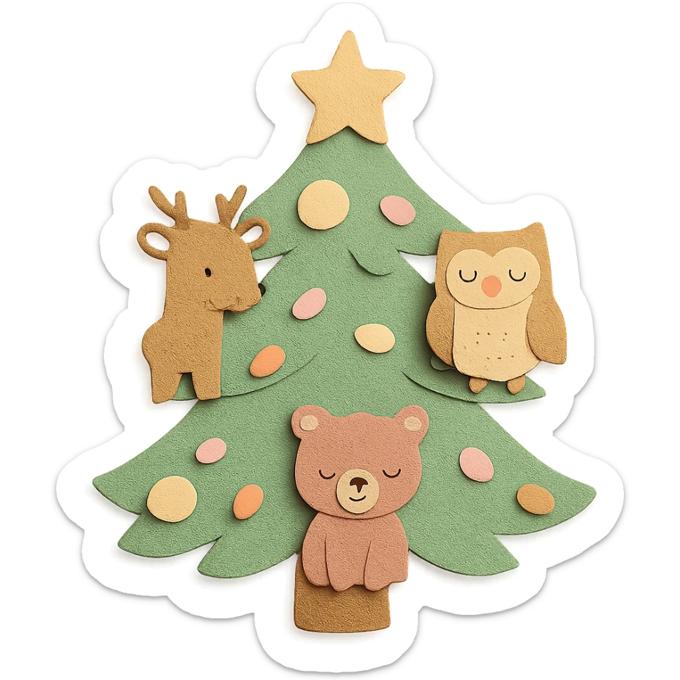 pine tree decorated with soft woodland critters, soft pastel colors, paper-craft style sticker