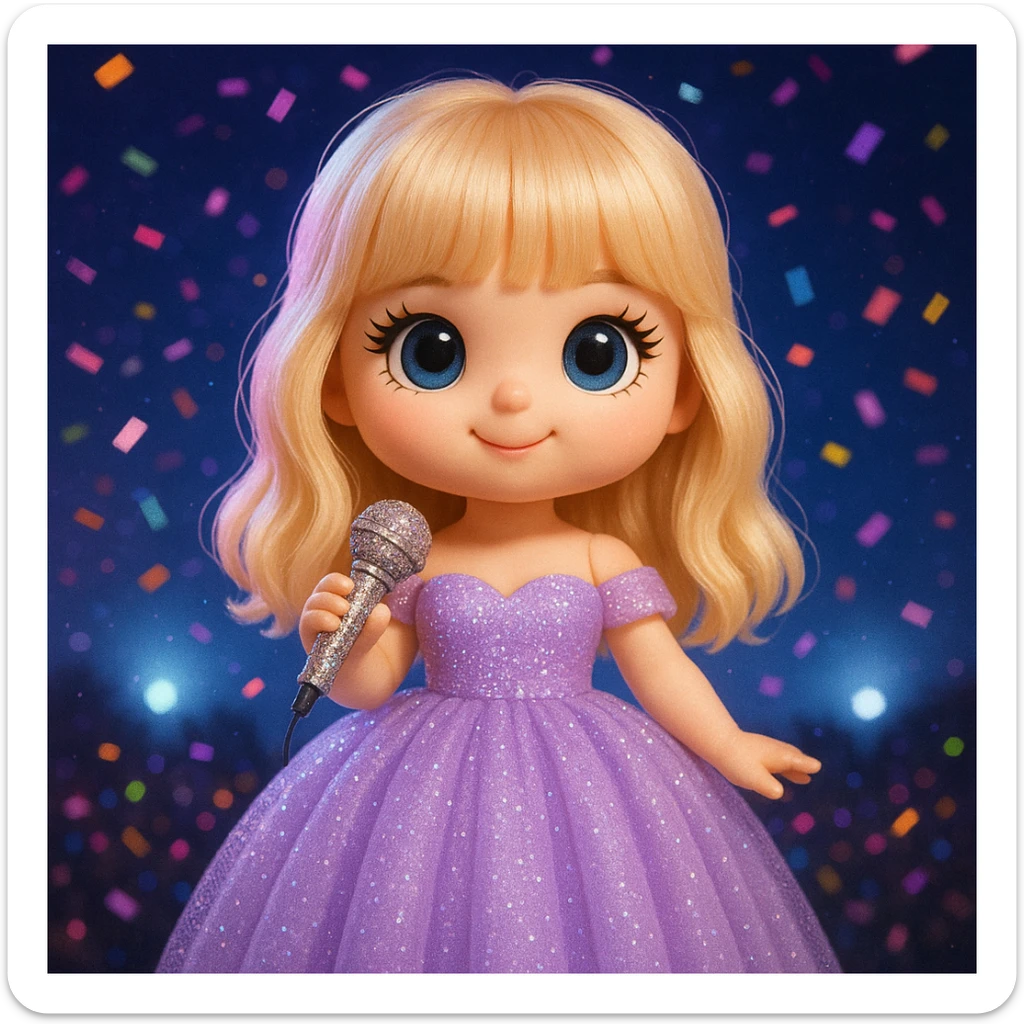 Pretty and girly Blonde pop star with bangs wearing a sparkly tulle light purple ballgown, holding a bedazzled microphone, reimagined as a cute doll, with a nighttime concert backdrop with colorful confetti sticker