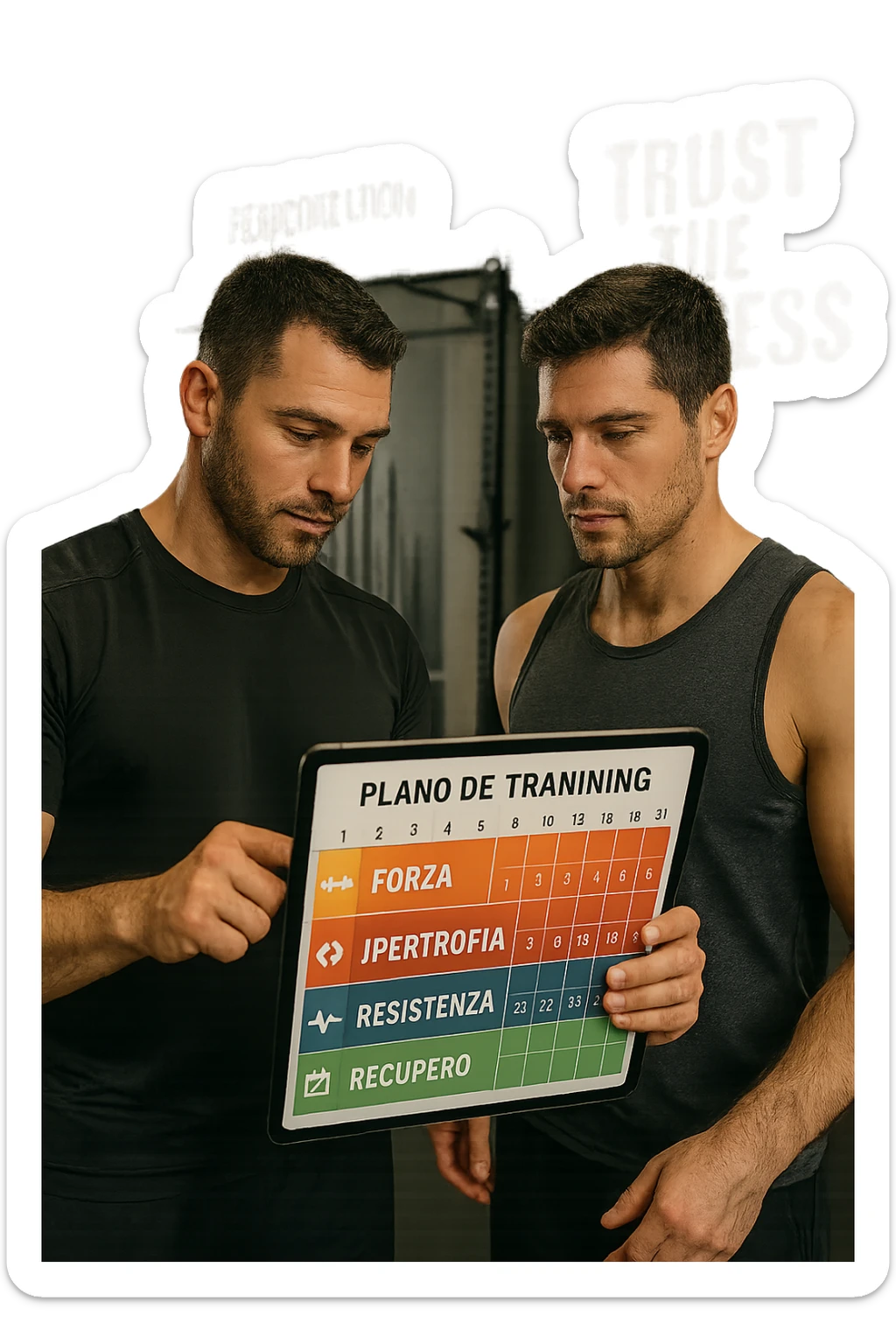 realistic cinematic photo a personal trainer and a client stand in a modern gym, reviewing a large, color-coded training calendar or chart on a tablet. The calendar shows different phases (Forza, Ipertrofia, Resistenza, Recupero) with icons and dates. Around them, gym equipment and motivational posters reinforce the idea of structured, periodized training. in italiano sticker