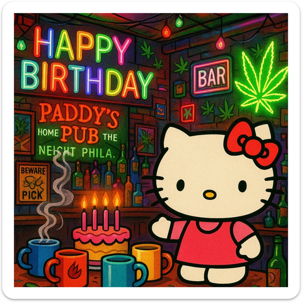 maximalist birthday scene with Hello Kitty, Sunny in Philadelphia bar, coffee mugs, cigarette smoke, weed leaves, neon colors, busy layout sticker
