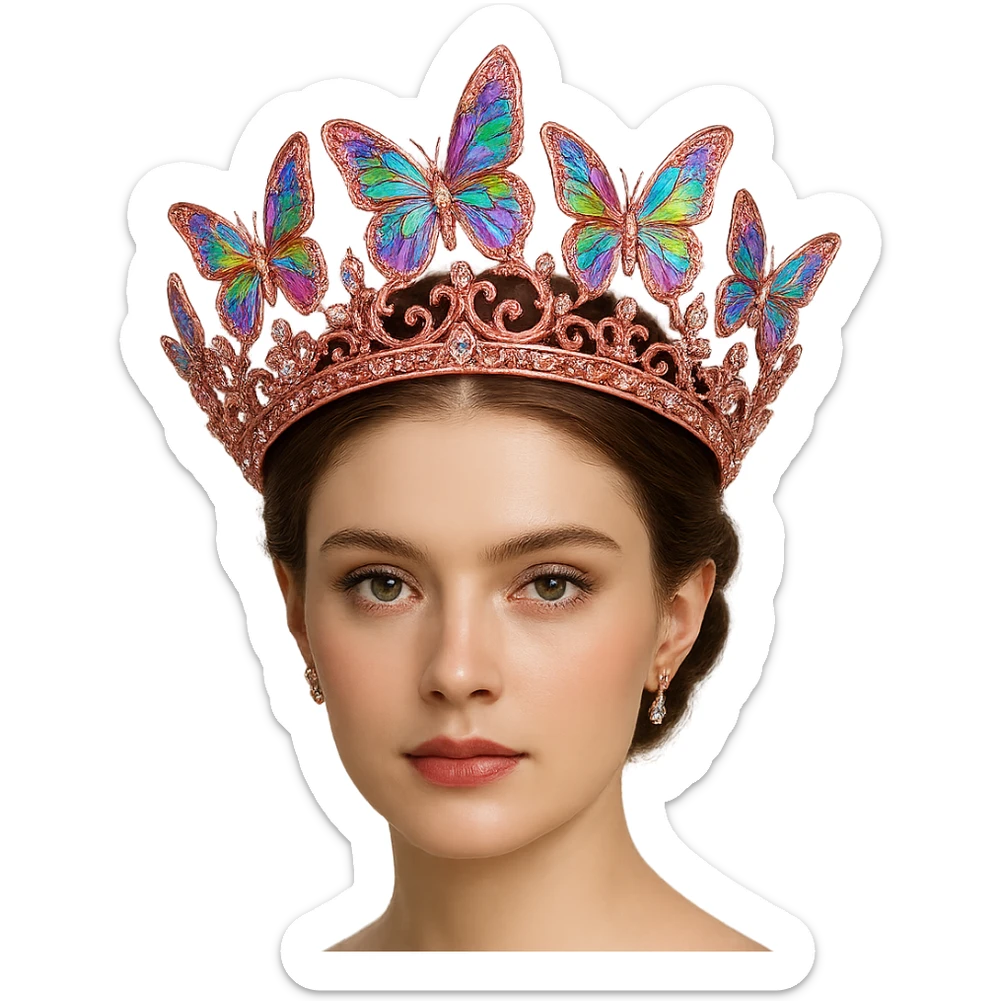 Change the butterfly crown to shimmering pink metal with rainbow butterflies and crystal accents, radiant and regal. Keep the background transparent. sticker