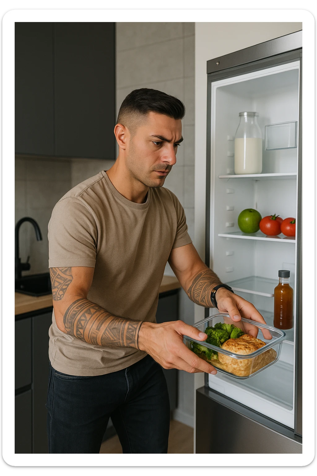 Uomo che mette nel frigo il suo pasto cucinato sticker