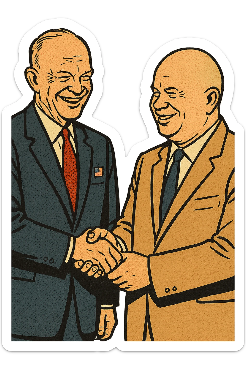 US President Eisenhower wearing a suit with a US badge on the chest shaking hands with Soviet leader Khrushchev and smiling sticker