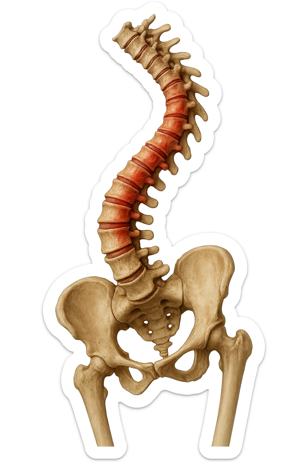 SPINA DORSALE STORTA E INFIAMMATA CON BACINO UMANO ANATOMICO REALISTICO INCLINATO, iperrealistica 4k sticker