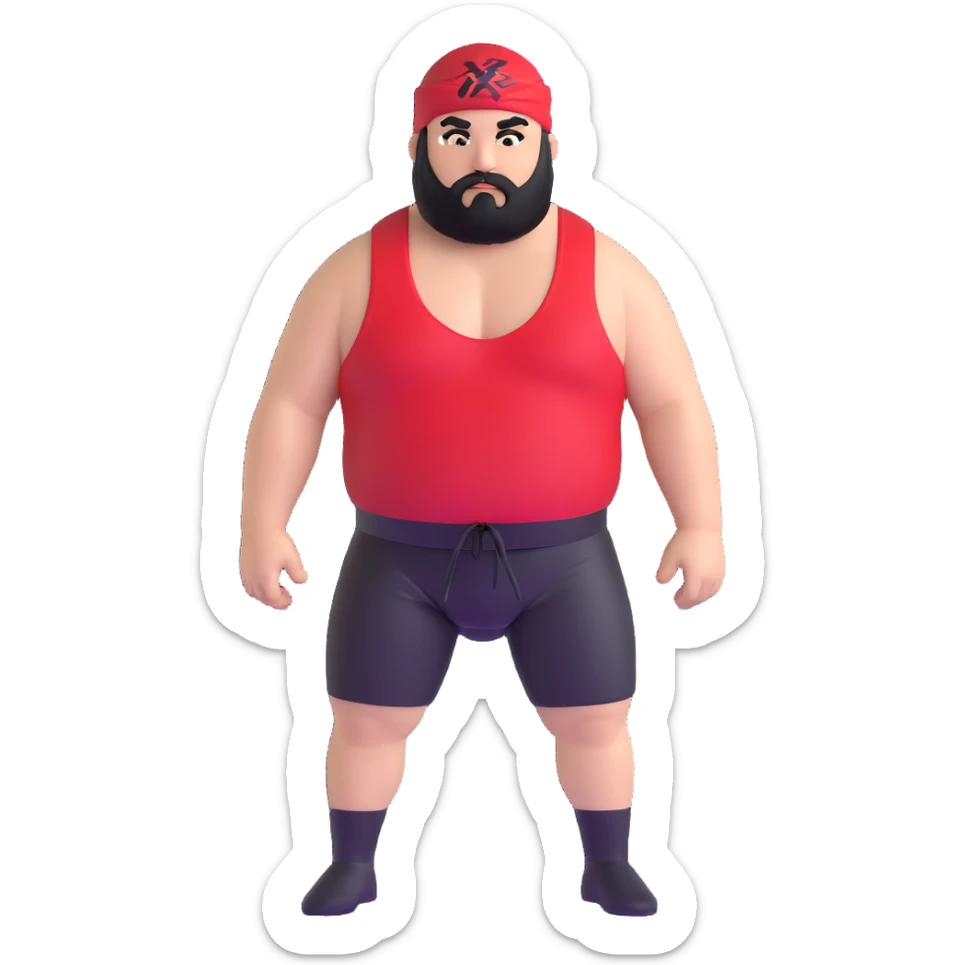 White skin fat guy with black durag, black beard, and black eyes in a red and black wrestling singlet sticker