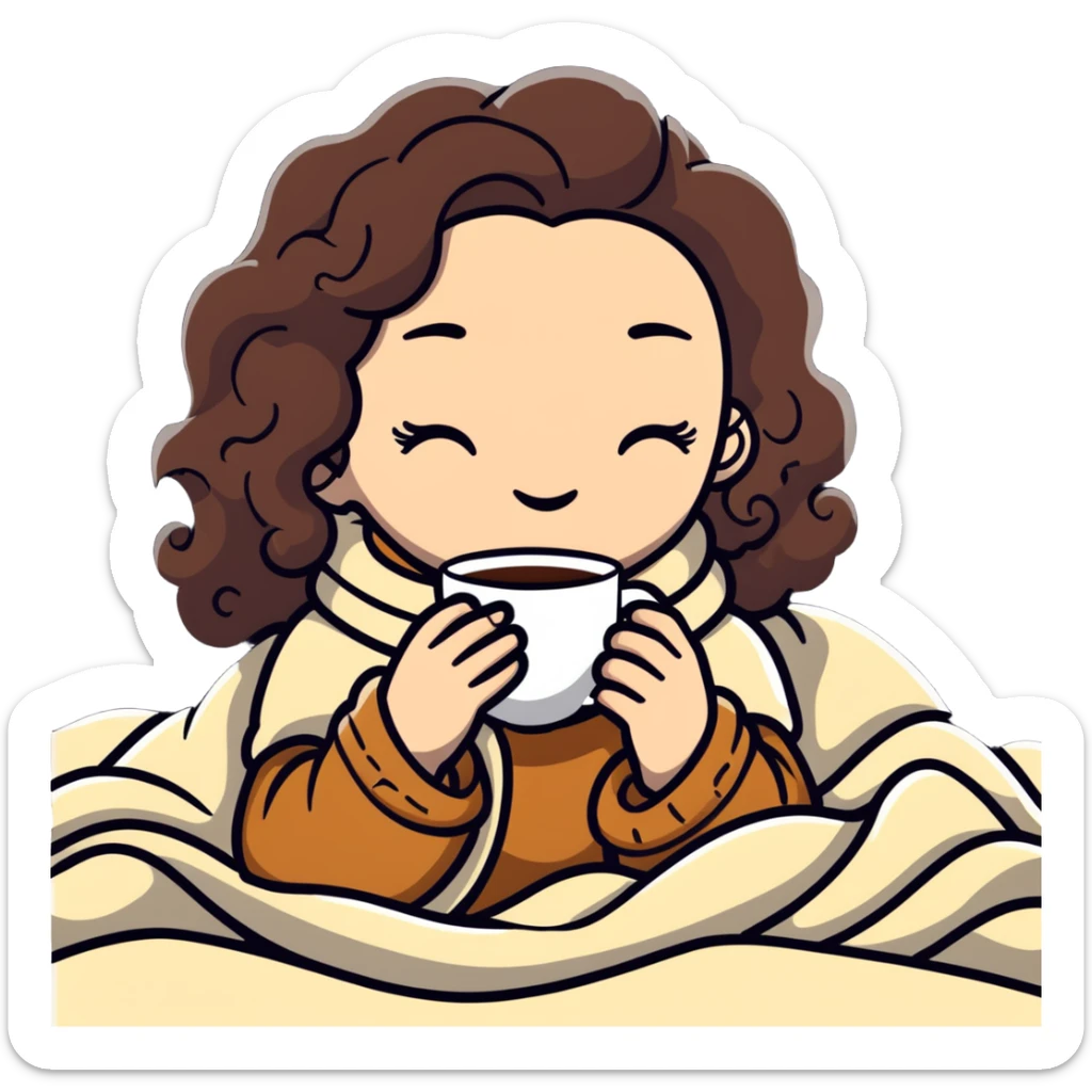 White girl with curly brunette hair inside a blanket sipping coffee with eyes closed, cozy winter morning sticker