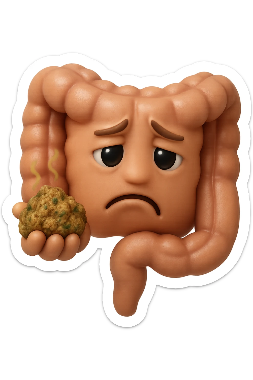 EMOJI STILE IPHONE 3D DI un intestino con espressione triste mentre tiene in mano delle fibre fermentate a poltiglia, FALLO MOLTO REALISTICO IN 3D sticker