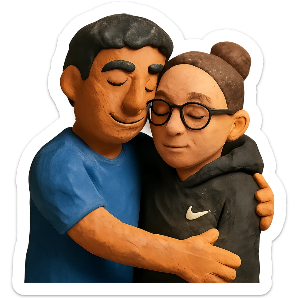 hispanic man with black hair hugging a light-skinned woman in a black Nike hoodie, woman has one bun in the back and thin black glasses sticker