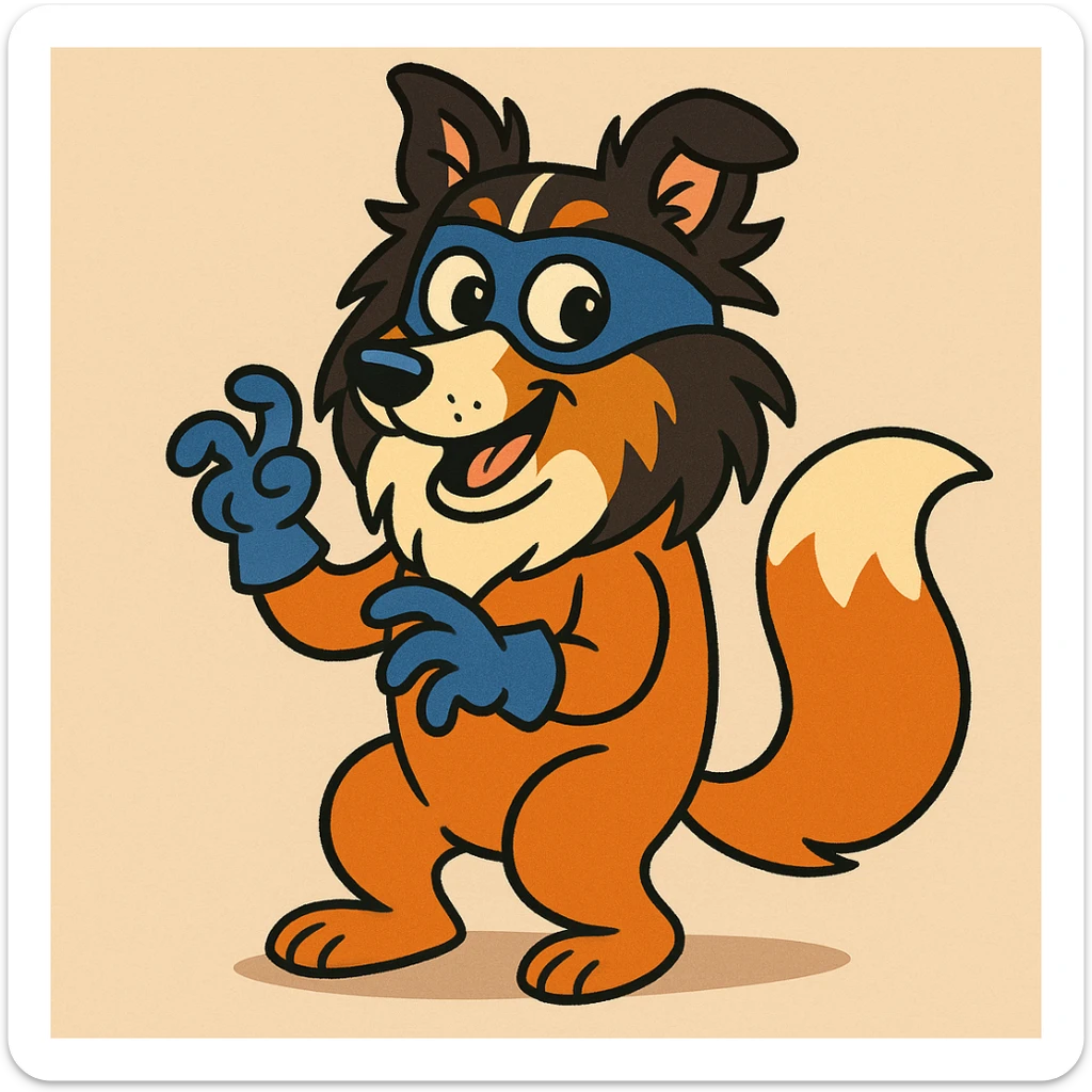 A tricolor Shetland Sheepdog dressed up as Swiper the fox from Dora the Explorer, wearing a blue mask and gloves, orange fur costume, playful and mischievous expression, cartoon style sticker