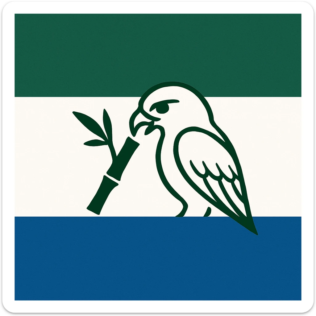 modern flag with green, white, and blue stripes, and a simple icon of a falcon eating bamboo in the middle sticker