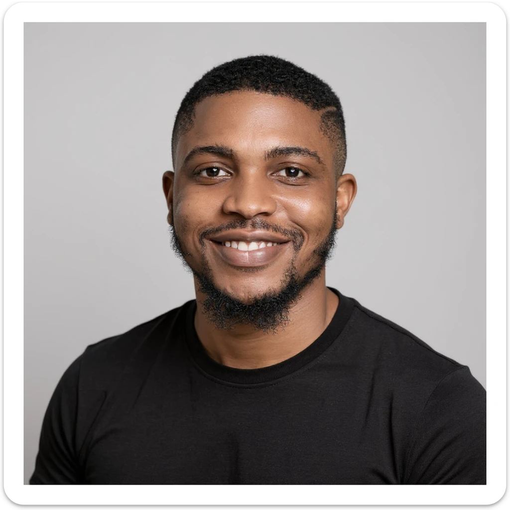 A professional portrait of me in monochrome. Plain black crew neck shirt. Tailored to LinkedIn. Tech boy vibe (programmer). I’m a black man from Nigeria. Retain facial features from attached image. Make face smoothie and healthy. No accessories. Light gray background to make subject more visible. sticker
