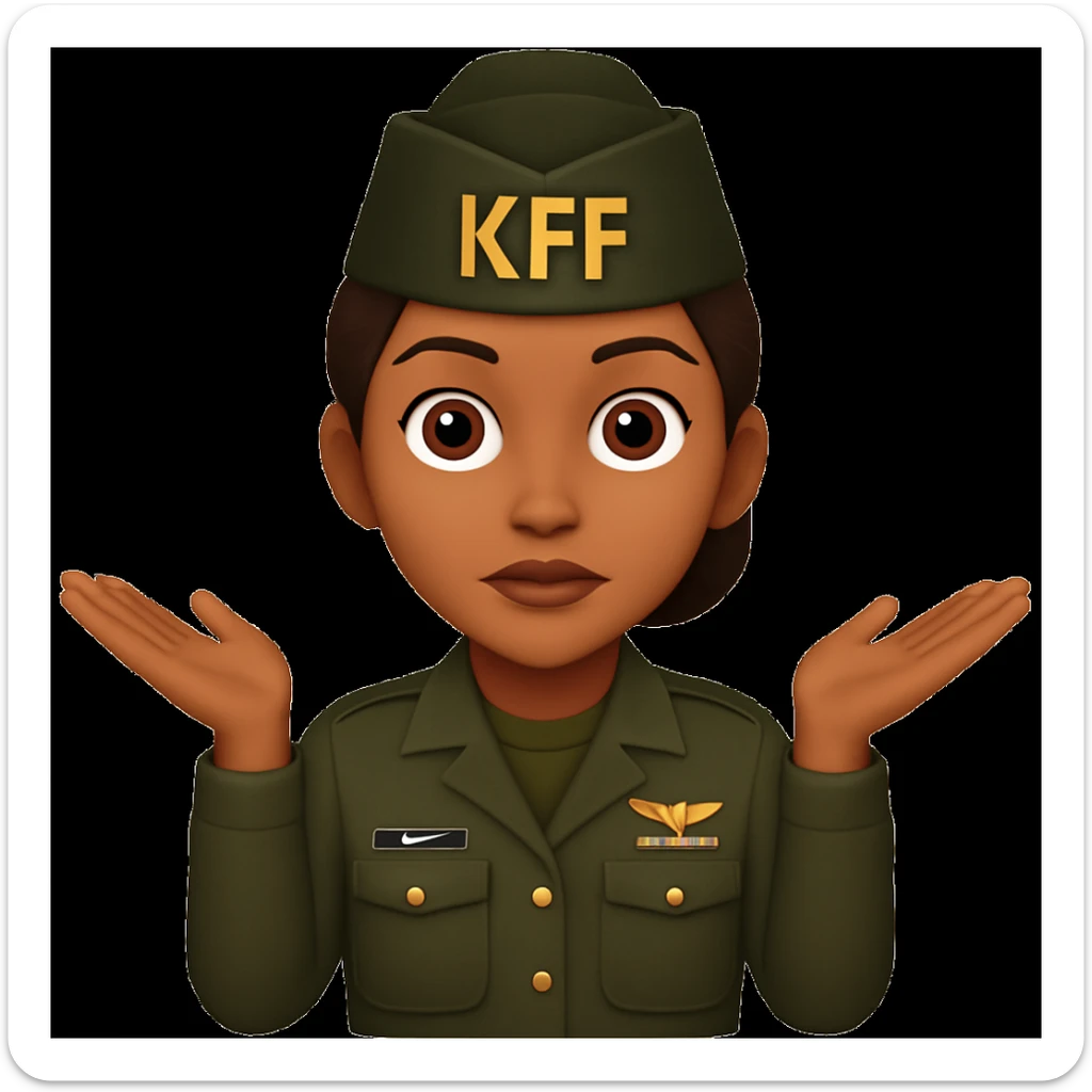 Make the girl's hairstyle a bun and add an army KFF (military cap) while keeping her brown skin, brown hair, and army attire. Keep the shrugging pose and emoji style. sticker