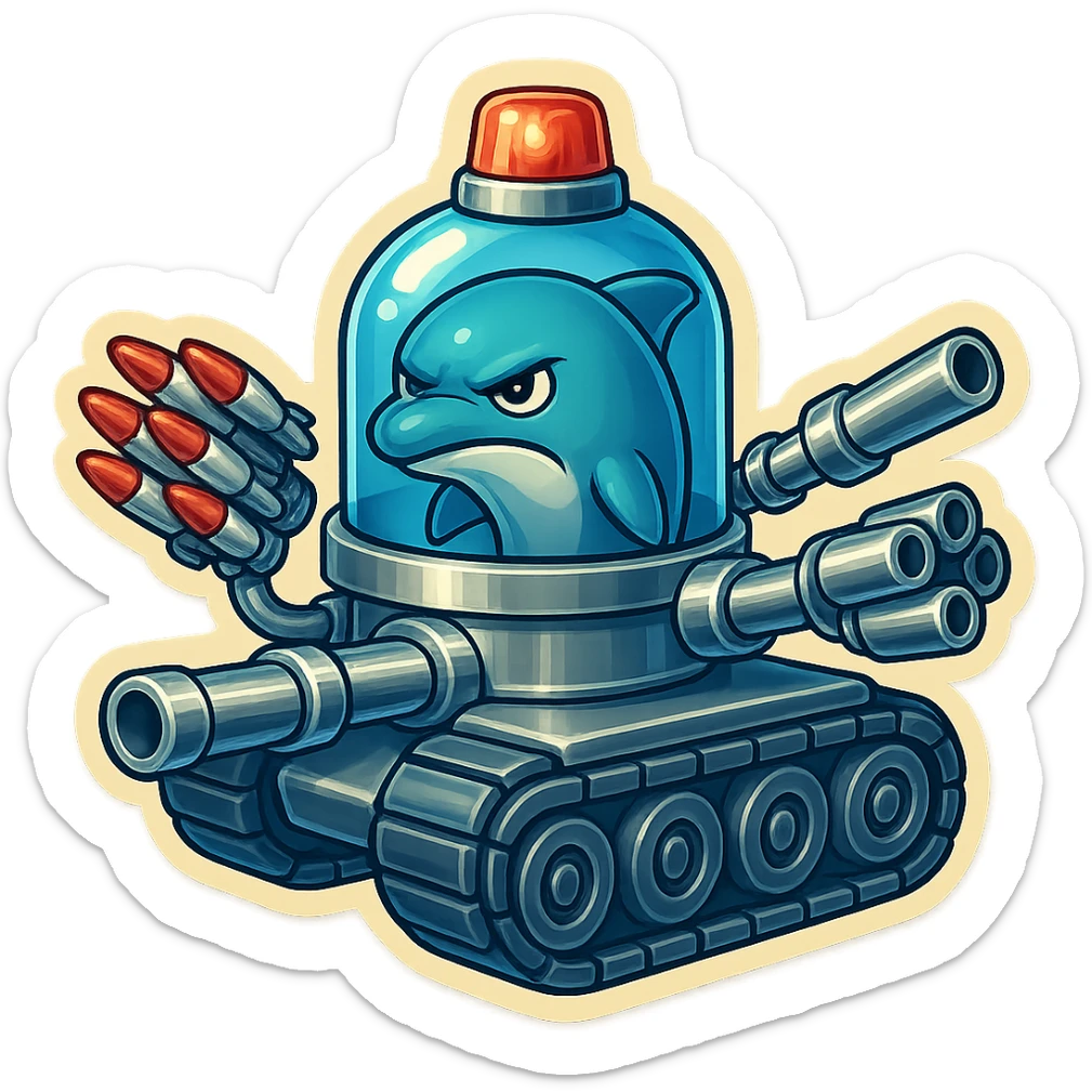 An angry-looking dolphin inside a water tank mounted on tank treads, with a lighter shiny metallic look. The water in the tank is blue. The tank features more forward-facing missiles and large guns, and a rotating police light on top. Rendered in retro sticker style with no border. sticker