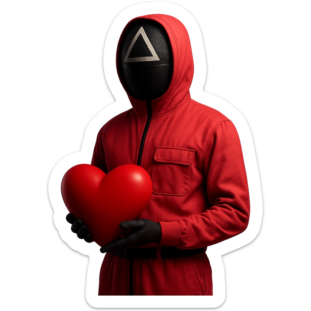 Edit the masked guard from Squid Game series wearing a pink jumpsuit, holding a large red heart instead of a weapon. Keep the minimal background and dramatic lighting. Maintain the original style but remove the background entirely. sticker