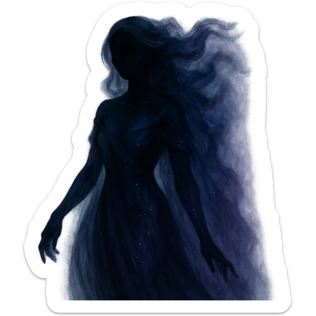 mystical being with no facial features, divine feminine characteristics, blending black, dark blue, and purple colors, mystical and ethereal sticker