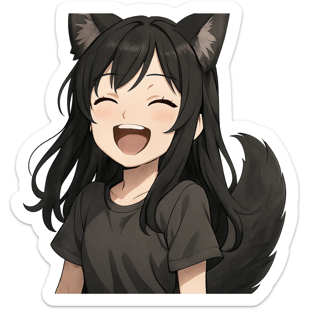 A girl with black fox ears and a tail, green eyes, dark hair, laughing sticker