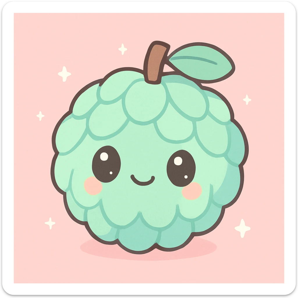 kawaii cartoon style sugar apple fruit with cute face, pastel colors, simple background sticker