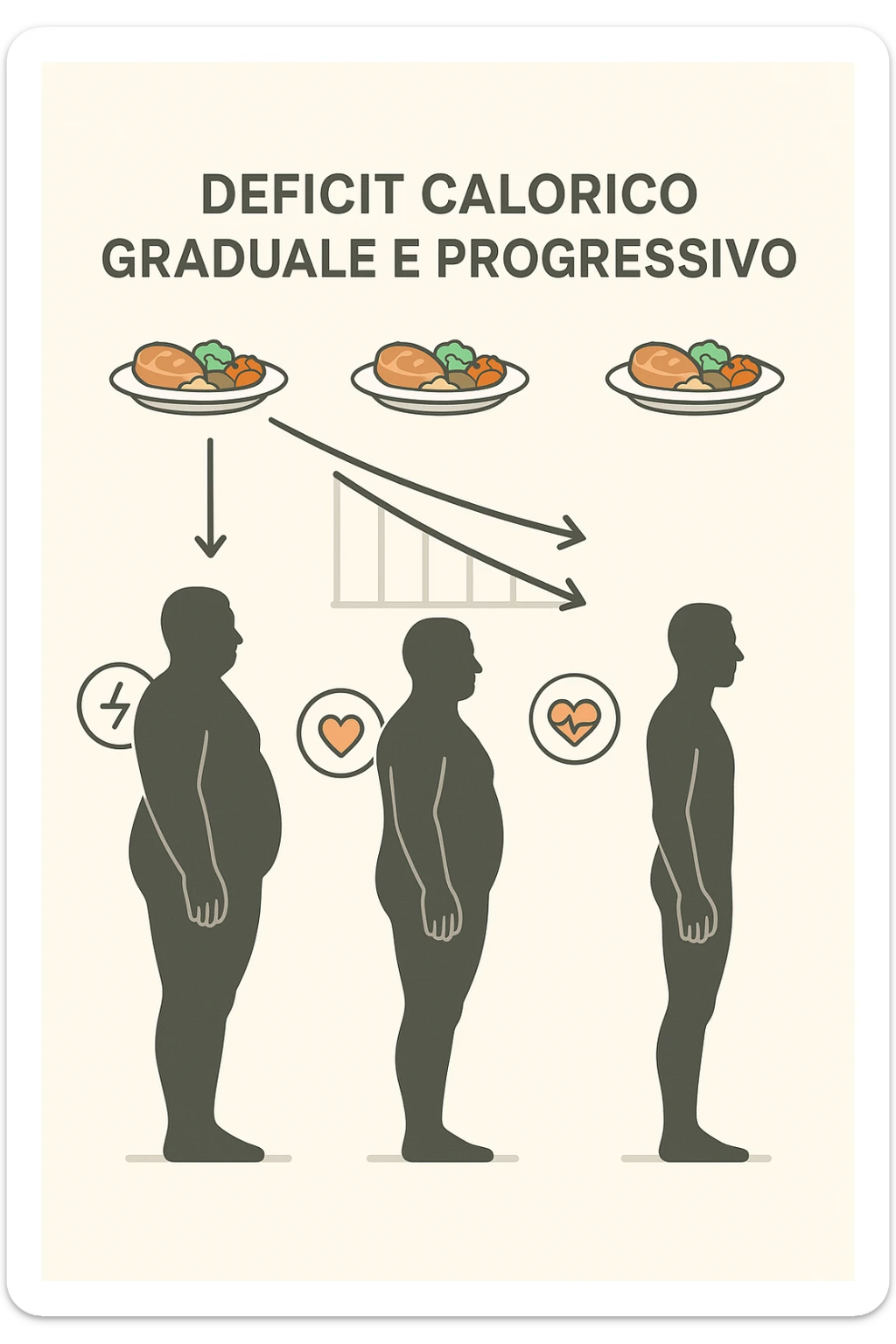una sequenza di tre sagome umane affiancate, ognuna rappresenta una fase diversa di perdita di peso graduale. Sopra ogni figura, un piatto mostra porzioni di cibo bilanciate ma leggermente ridotte. Frecce e grafici illustrano una diminuzione lenta e costante dell’apporto calorico giornaliero, con icone che rappresentano energia, salute e mantenimento della massa muscolare. Sfondo pulito e moderno, con etichette chiare che spiegano “deficit calorico graduale e progressivo” sticker