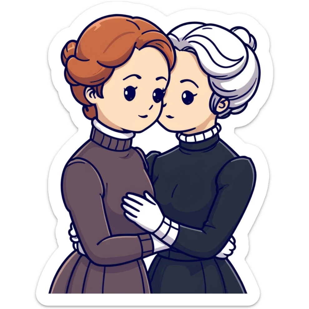 Two Victorian women in a sad intimate hug, one with white coiffed hair and one with copper coiffed hair, both with grey eyes, wearing Victorian turtleneck dresses sticker