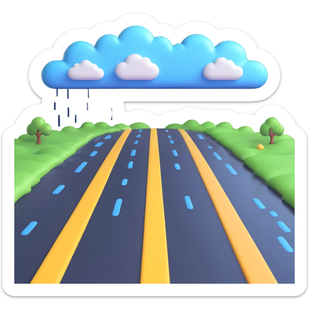 a rainy road with shiny wet pavement and cartoon clouds in 3D emoji style sticker