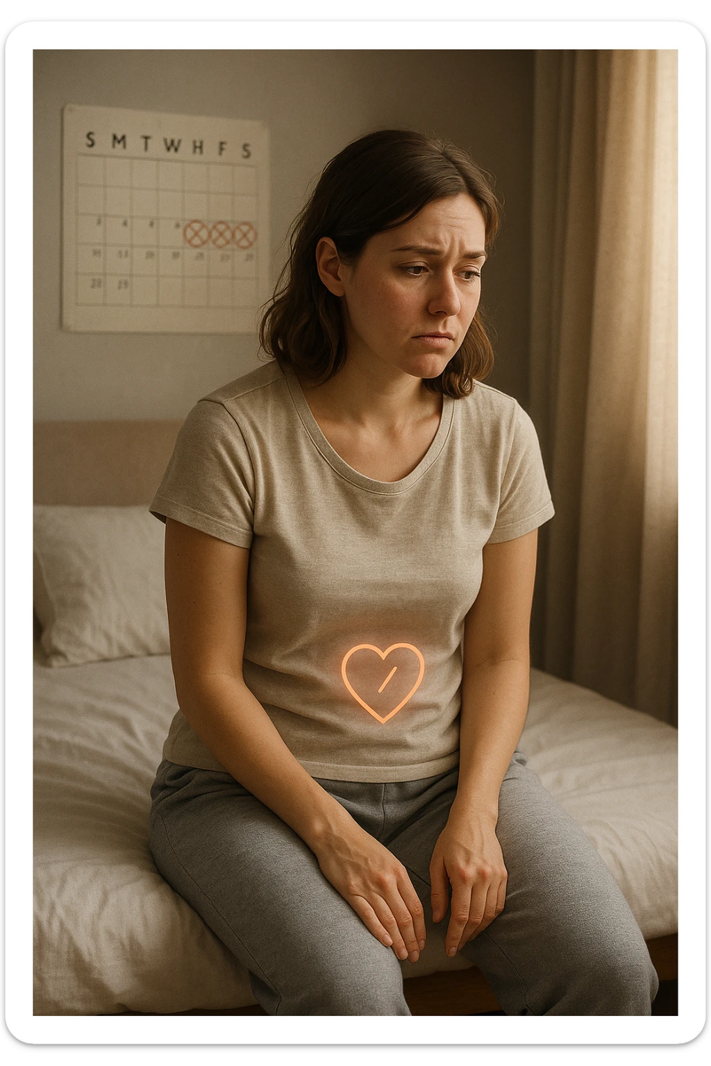 3D realistic medical illustration: a young woman in her 20s or 30s sits on the edge of a bed in a softly lit bedroom, looking thoughtful and slightly concerned. She wears comfortable loungewear, her posture is slouched, and her expression is subdued. Subtle visual cues—such as a faded calendar with missed menstrual cycles and a dimmed heart or energy icon near her abdomen—symbolize low libido and amenorrhea. The scene is realistic, intimate, and empathetic. sticker