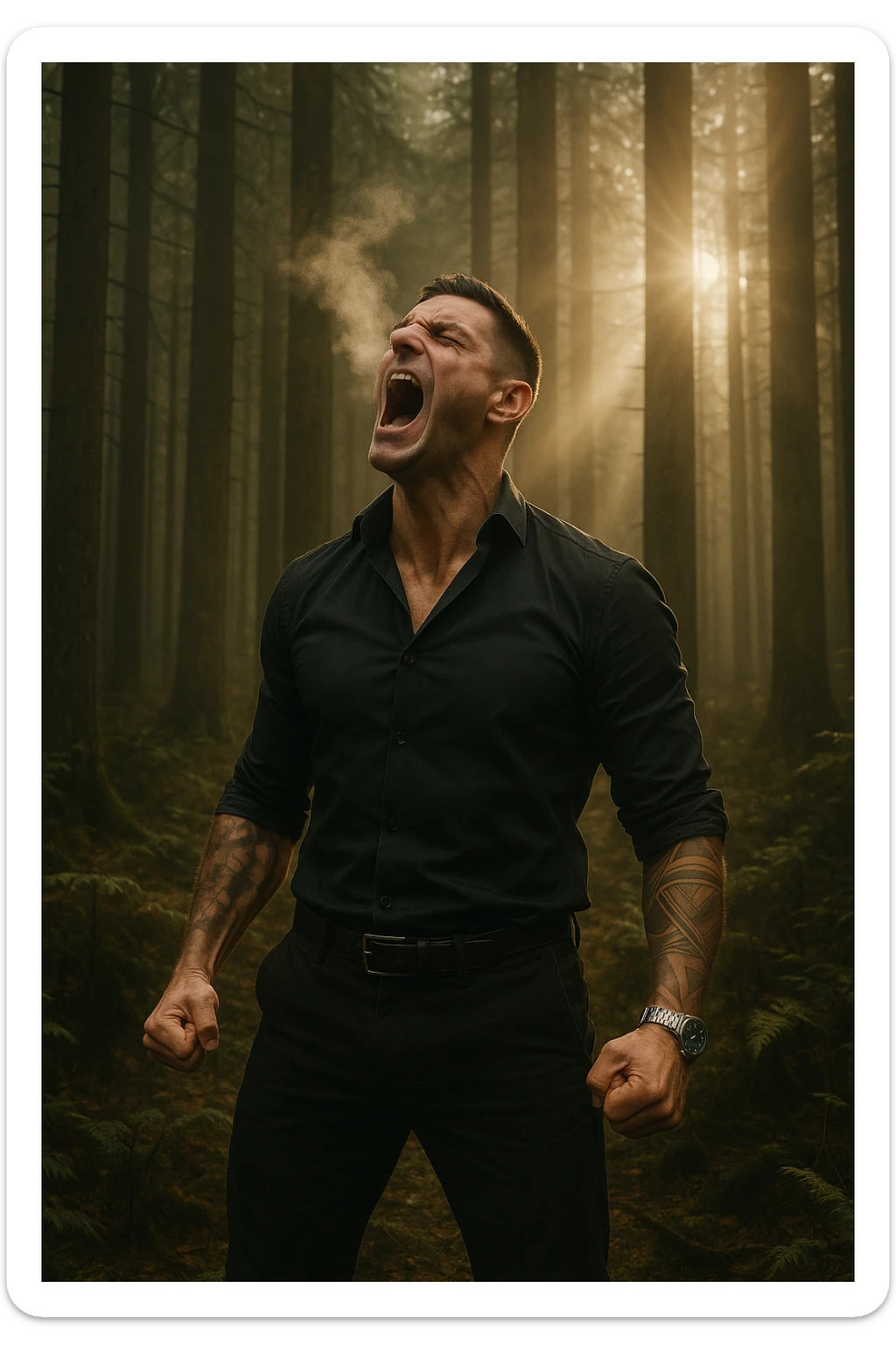 A man screaming towards the sky in a forest, with visible breath vapor and light rays shining through the trees, symbolizing the release of deep tension and the reclaiming of inner peace through cathartic screaming breathwork sticker