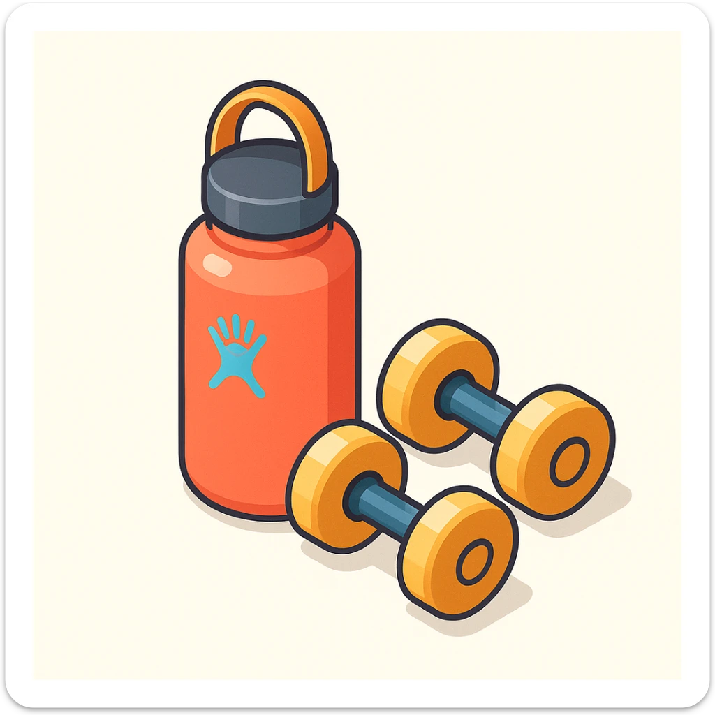 isometric 3d illustration of a hydroflask and dumbbells, vibrant colors, no text sticker