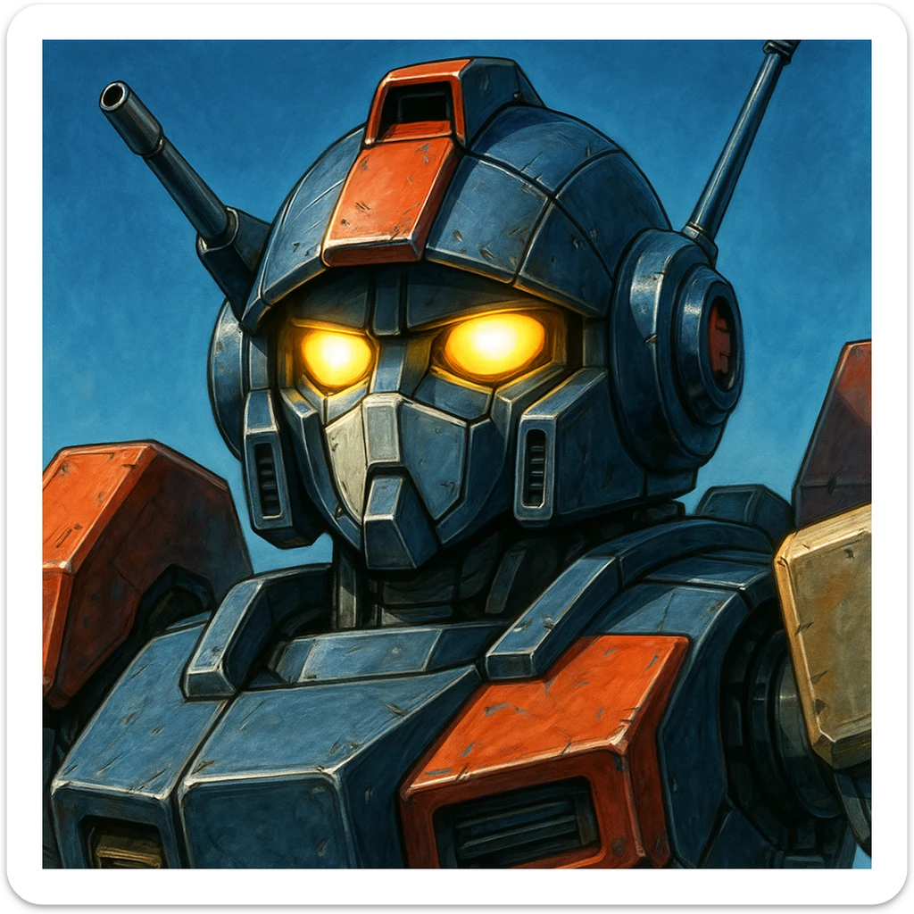 HI-METAL R Dougram, close-up, head and shoulders, glowing eyes, metallic finish, anime style sticker