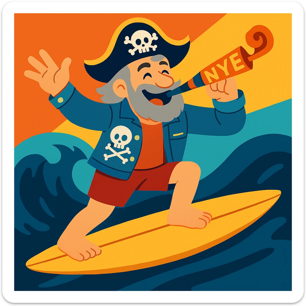 Change the surfer's hair to grey, keep all other details the same, in a style suitable for editing. sticker