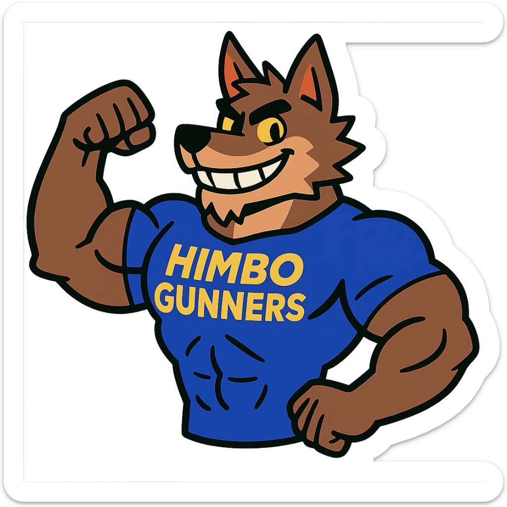 super buff wolf furry, flexing, wearing a t-shirt that says 'Himbo gunners', smiling confidently sticker