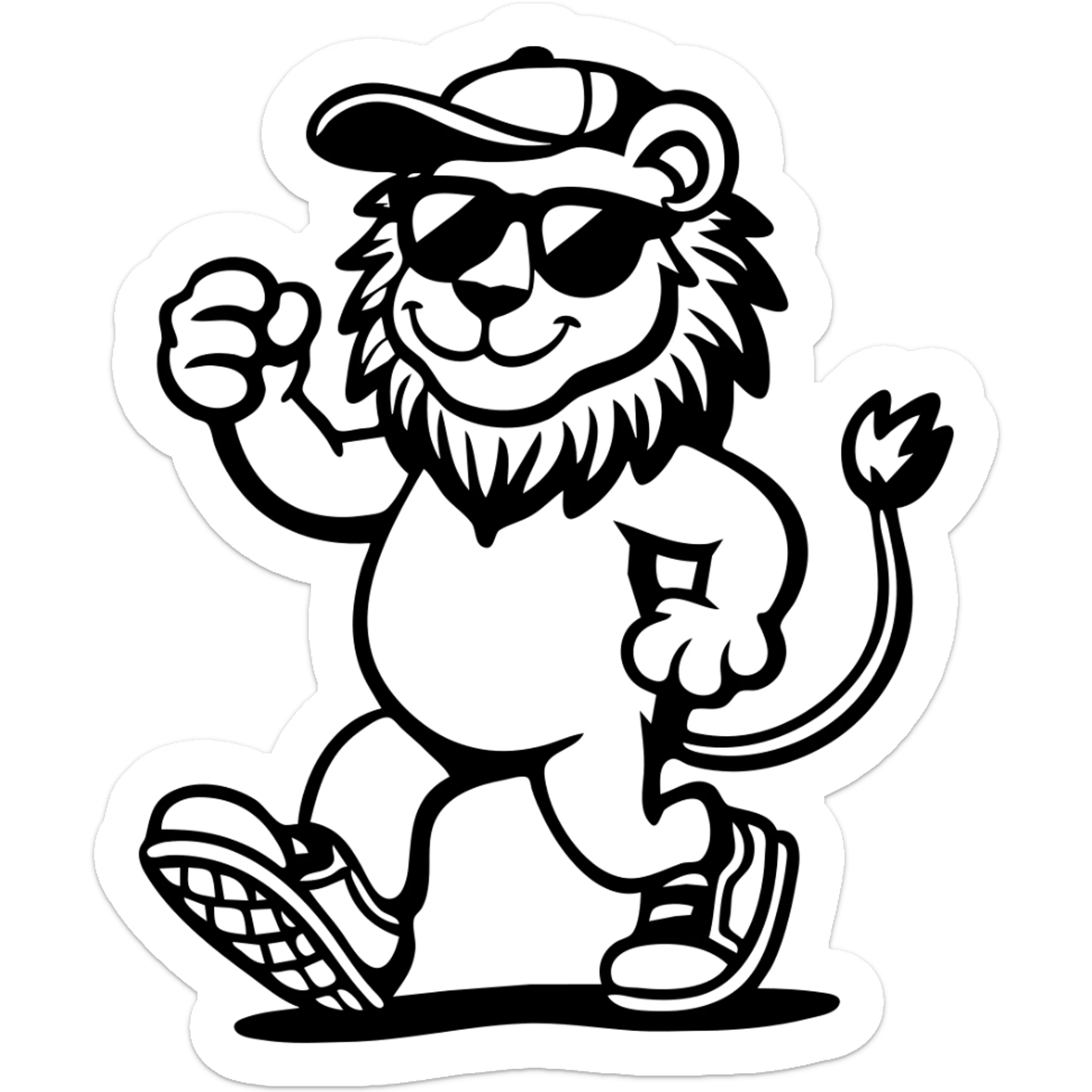 cheerful anthropomorphic lion walking confidently, flexing one arm in a fist-pump, wearing oversized sunglasses, backwards baseball cap, and sneakers, thick black outlines, no color or shading, retro mascot vintage rubber hose cartoon style, highly graphic sticker