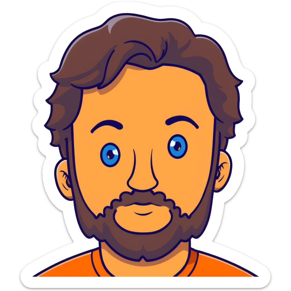 Lebanese man with one blue eye and one brown eye, dark brown longish wavy hair, light beard, closed mouth, kind expression, blue shirt sticker