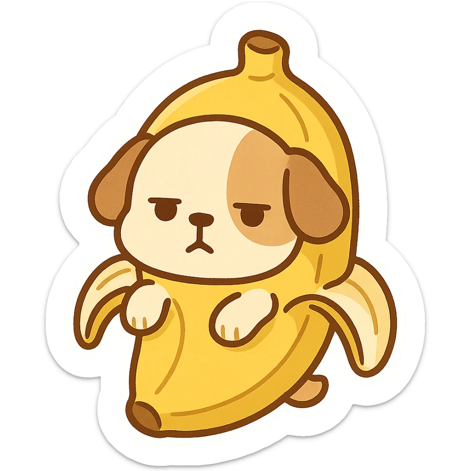 A cute puppy dressed as a banana with a dull expression sticker