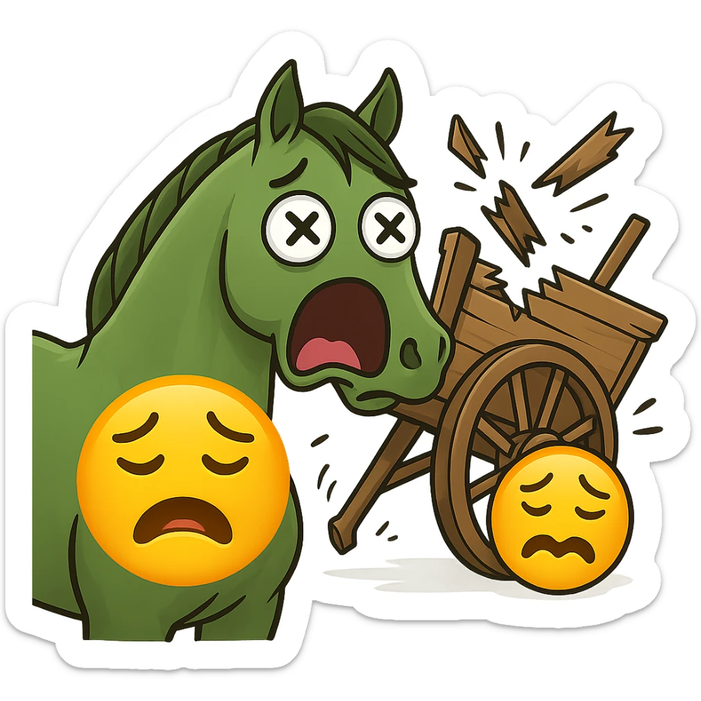 Make the horse cart look broken and add funny, exaggerated emoji expressions to the horse and cart. Keep the style consistent. The style is emoji style. Keep the background transparent. sticker