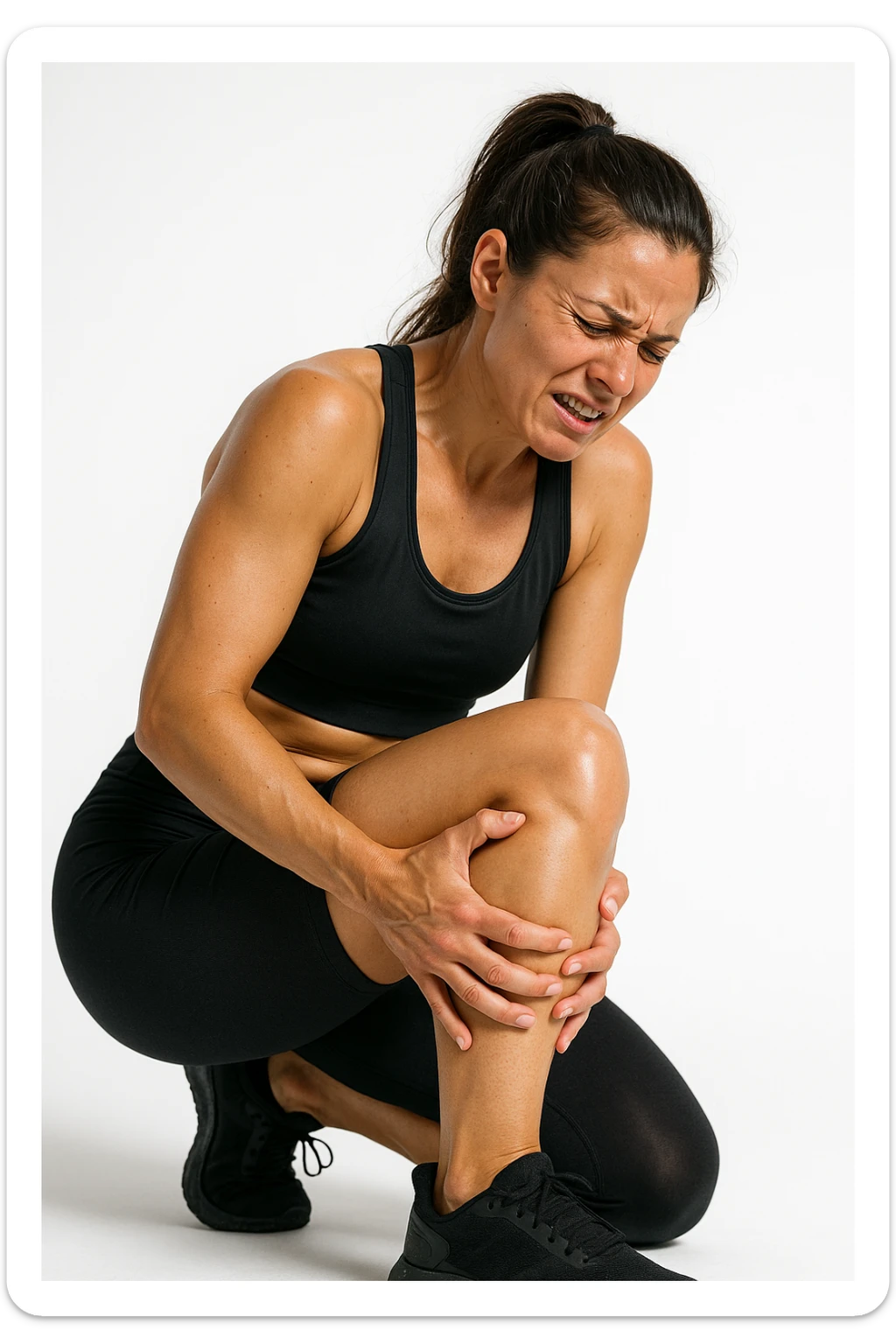 donna fitness che si tocca la gamba dolorante con espressione di dolore in volto, sente le gambe pesanti, iperrealistica 4k, sfondo bianco sticker