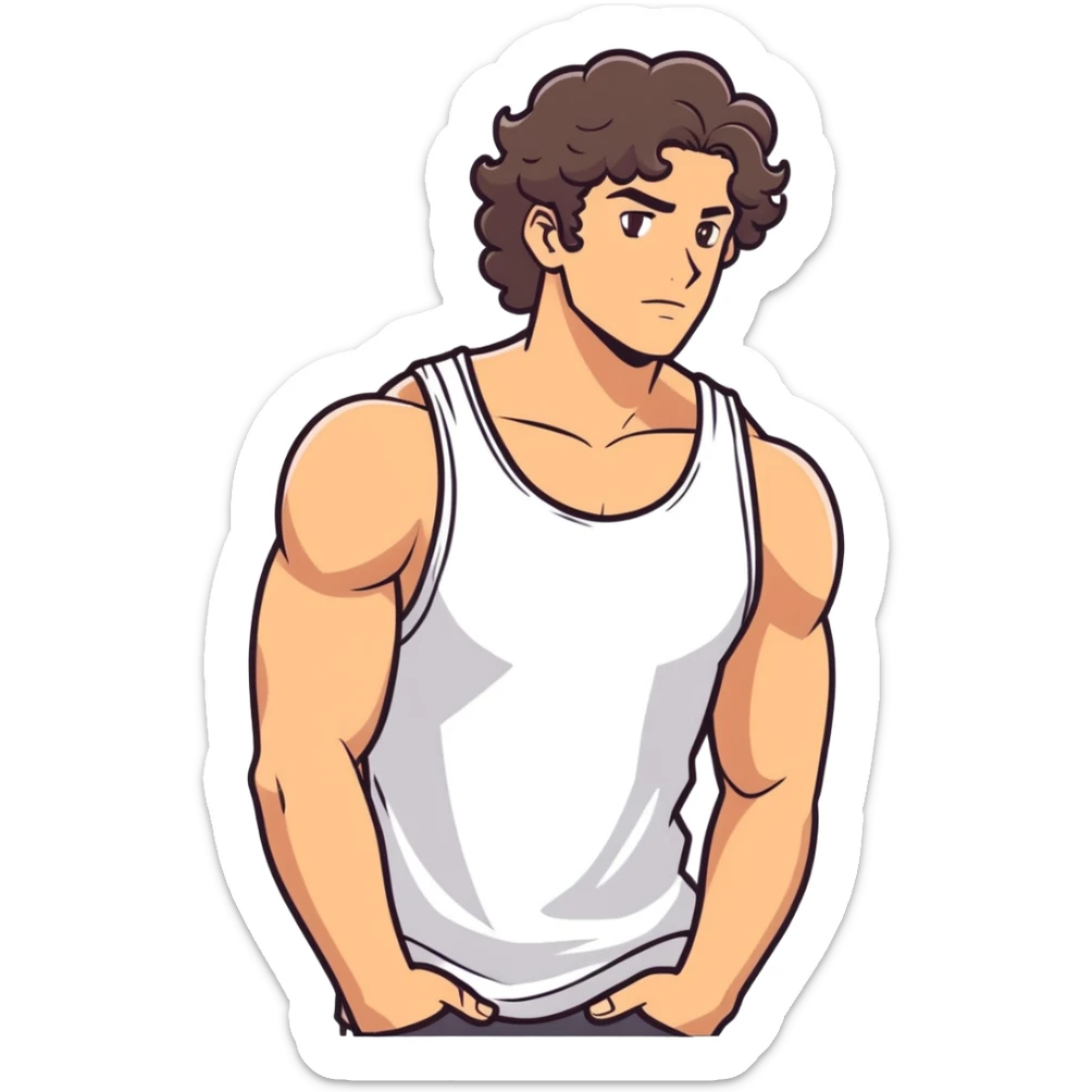 a guy with slight curly hair and brown eyes with big muscles and a white tank top sticker