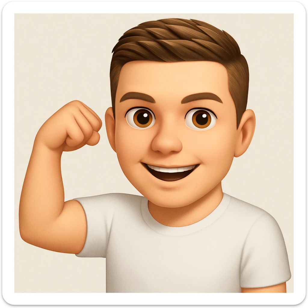 Based on these photos, make an emoji with facial features intact, man in white t-shirt, showing muscles sticker